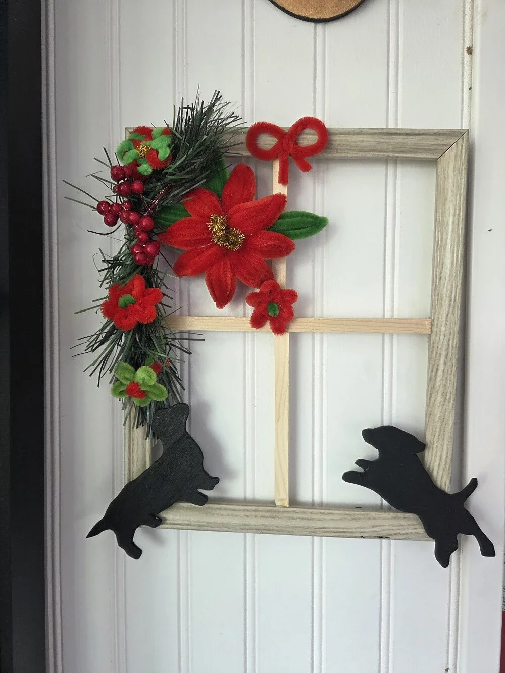 Handmade Holiday Window Frame Wreath with Red Poinsettia And Puppy Accents 9x11